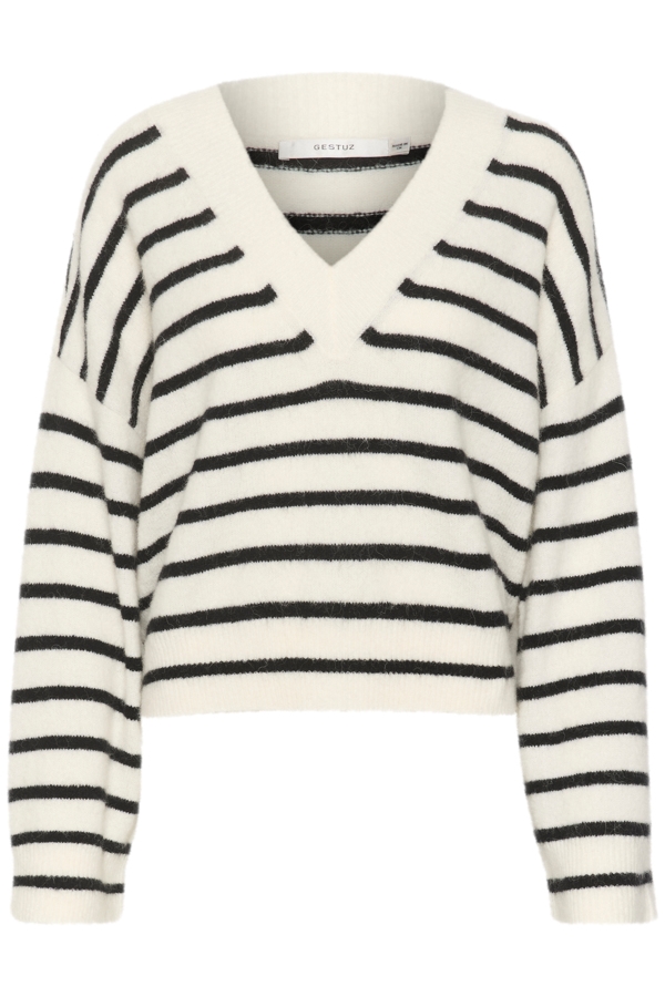 Gestuz Strik - AlphaGZ V-neck striped NOOS, Ivory Black Striped